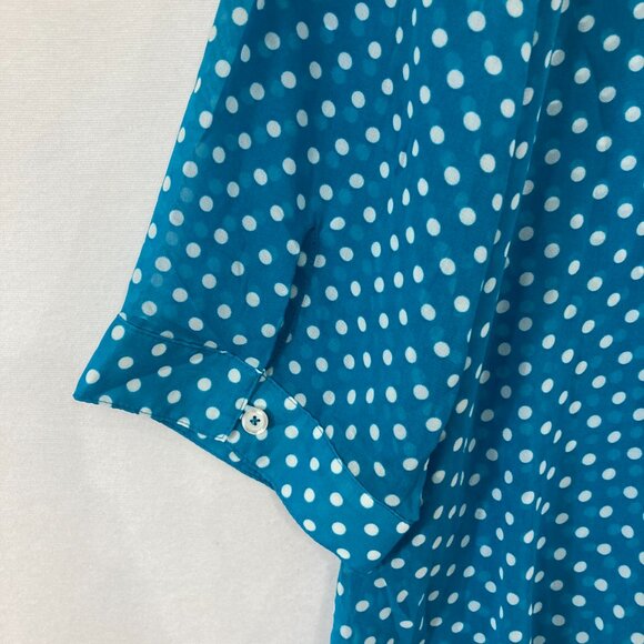 Susan Graver Top 2X Blue White Polka Dot Soft Flowy 3/4 Sleeve Chiffon Button Up - Picture 9 of 11